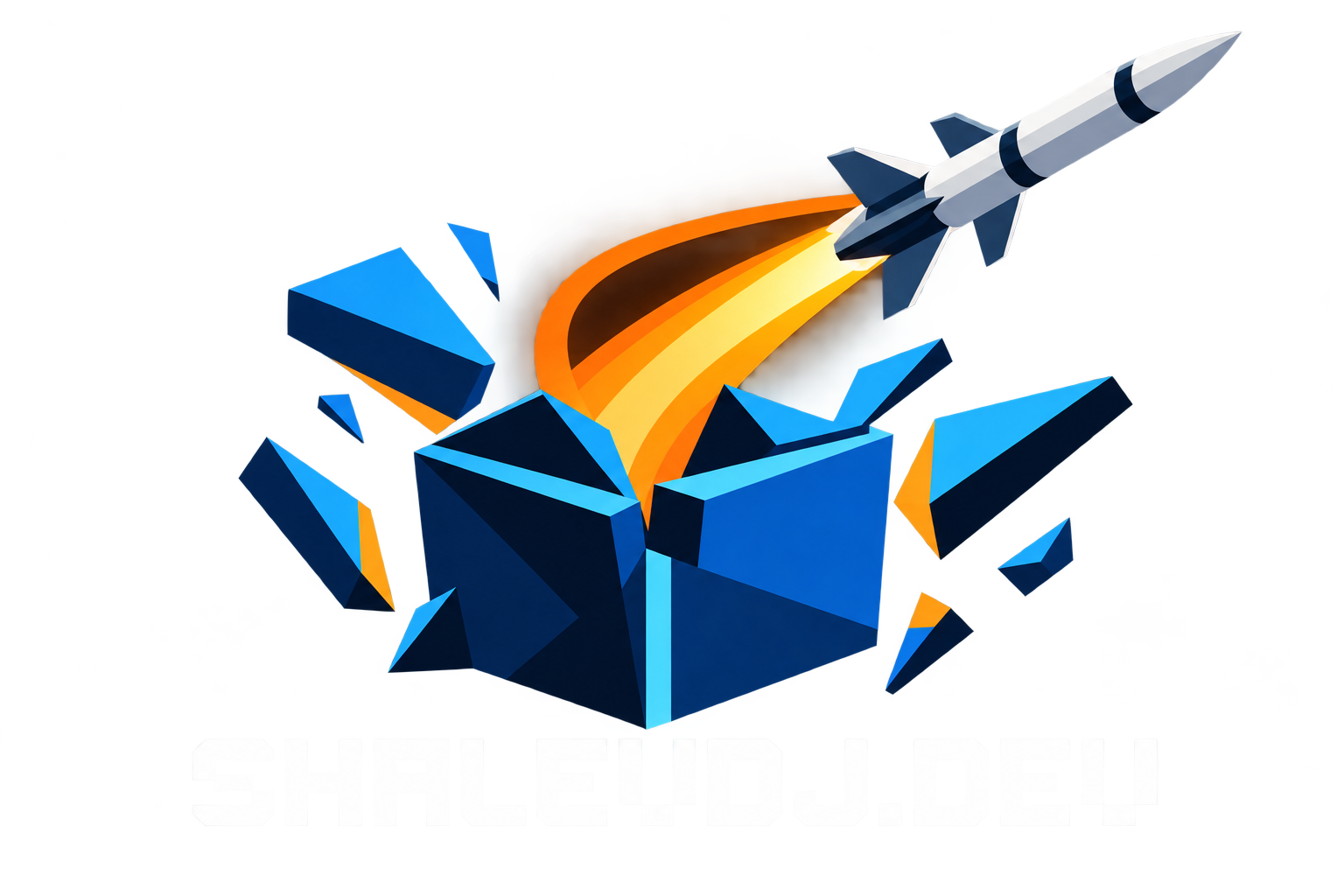 SHALEVDJ.DEV logo: a missile launching from a fragmented blue cube